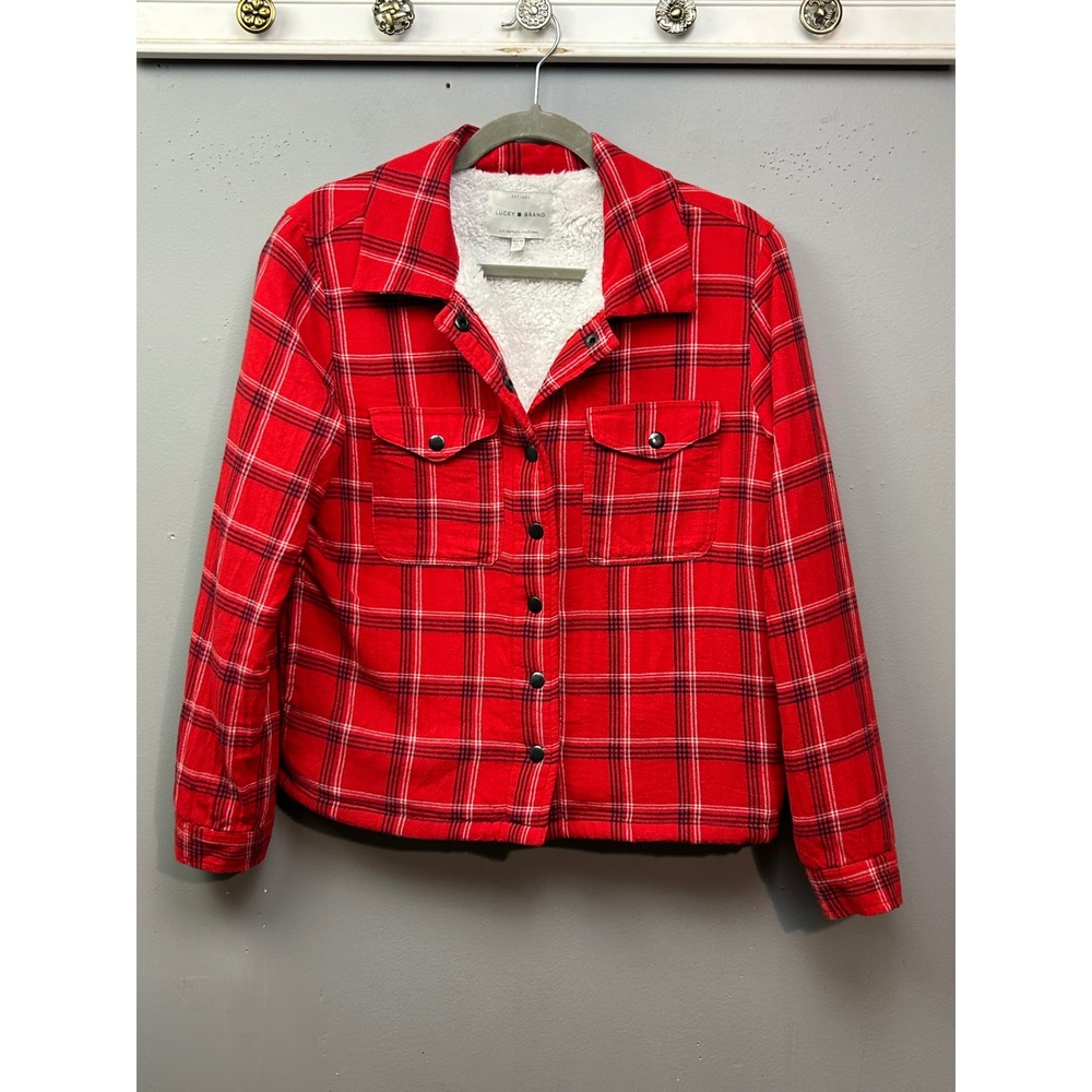 Lucky Brand Shirt Jacket Women XS‎ Red Plaid Sherpa Lined Flannel Shacket Button